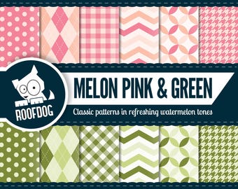 Pink and green digital paper | watermelon pink argyle | pink houndstooth | polka dot | circular | chevron | classic patterns | green retro