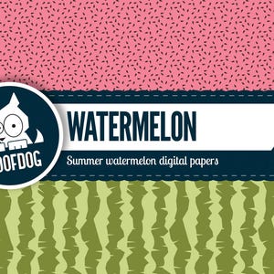 Pode incluir: Conjunto de pap&eacute;is digitais com tema de melancia. A se&ccedil;&atilde;o superior apresenta um fundo rosa com formas pretas semelhantes a sementes. A se&ccedil;&atilde;o do meio tem a palavra "WATERMELON" em branco em uma faixa azul escura.