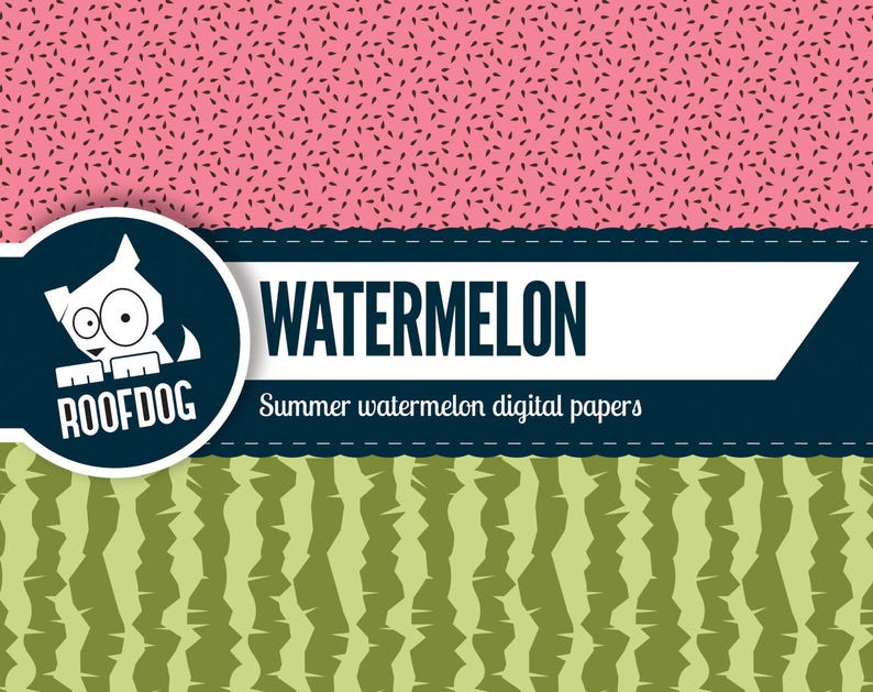 Pode incluir: Conjunto de pap&eacute;is digitais com tema de melancia. A se&ccedil;&atilde;o superior apresenta um fundo rosa com formas pretas semelhantes a sementes. A se&ccedil;&atilde;o do meio tem a palavra "WATERMELON" em branco em uma faixa azul escura.