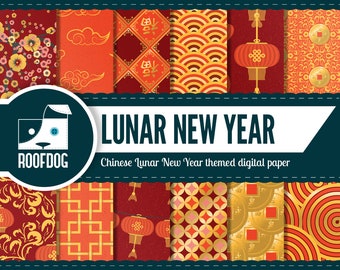Lunar New Year Digital Paper | Chinese New Year | China | Red and gold | Lantern | Lucky coin | Lattice | Floral | Festival Year of the pig