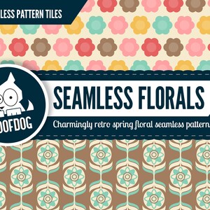 May include: Seamless floral pattern tiles in a retro style. The image features three different floral patterns with flowers in various colors, including pink, brown, yellow, and teal. The text "Seamless Florals" and "Charming retro spring floral seamless patterns" are also visible.