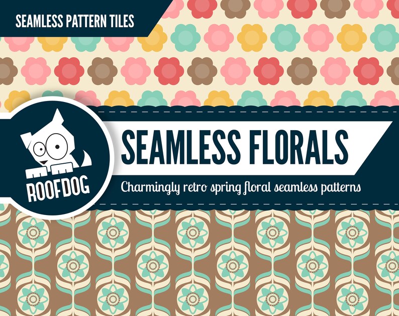 May include: Seamless floral pattern tiles in a retro style. The image features three different floral patterns with flowers in various colors, including pink, brown, yellow, and teal. The text "Seamless Florals" and "Charming retro spring floral seamless patterns" are also visible.