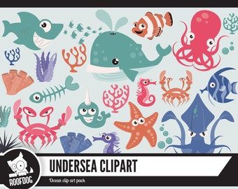 Sea creature clipart | Fish clip art |  Undersea digital clipart | Commercial use | Printable vector | whale squid octopus crab seahorse