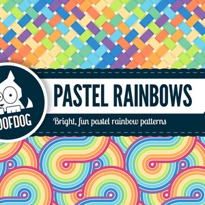 May include: Colorful digital art featuring two distinct patterns. The top pattern is a woven design in pastel colors, while the bottom pattern showcases swirling rainbow stripes. The text "PASTEL RAINBOWS" is displayed with the tagline "Bright, fun pastel rainbow patterns".