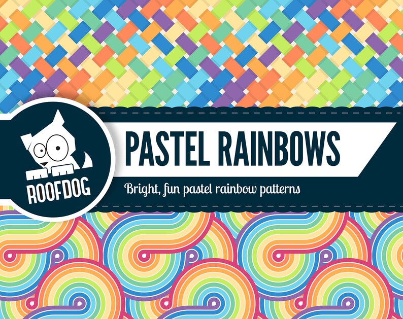 May include: Colorful digital art featuring two distinct patterns. The top pattern is a woven design in pastel colors, while the bottom pattern showcases swirling rainbow stripes. The text "PASTEL RAINBOWS" is displayed with the tagline "Bright, fun pastel rainbow patterns".