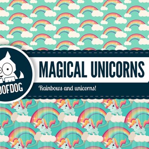 May include: A whimsical design featuring rainbows and unicorns. The background is a repeating pattern of rainbows and clouds on a teal background. The text "MAGICAL UNICORNS" is displayed with the Roofdog logo.