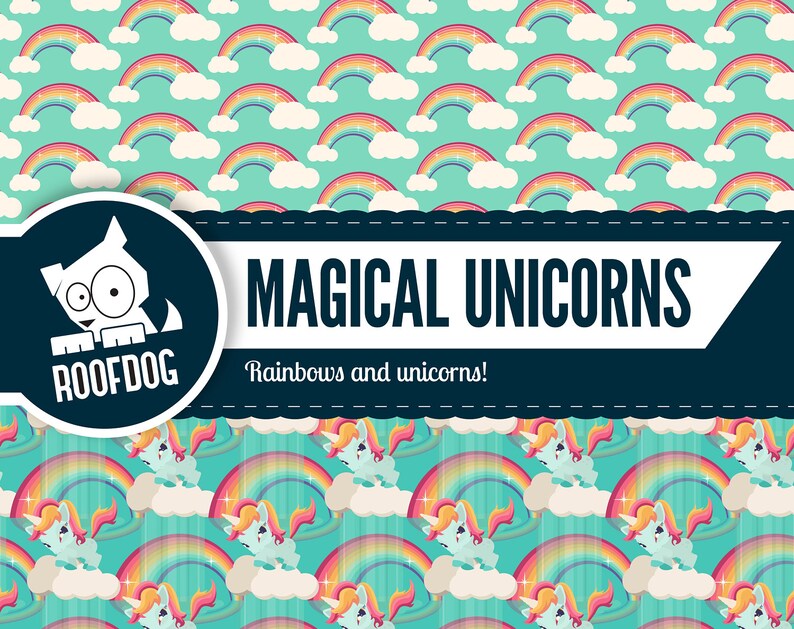 May include: A whimsical design featuring rainbows and unicorns. The background is a repeating pattern of rainbows and clouds on a teal background. The text "MAGICAL UNICORNS" is displayed with the Roofdog logo.