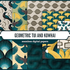 May include: A collection of seamless digital papers featuring geometric Tui and Kowhai patterns in shades of teal, yellow, and brown. The central white banner displays the text GEOMETRIC TUI AND KOWHAI seamless digital papers, with a small logo.
