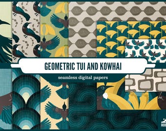 Tui Kowhai Digital Paper Pack | New Zealand Bird Seamless Patterns (Digital Download)