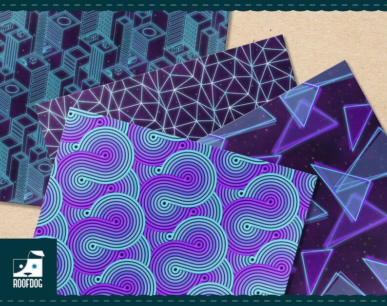 Pu&ograve; includere: Una collezione di carte decorate con motivi geometrici. I disegni includono un paesaggio urbano, una rete di linee, triangoli e una serie di linee a spirale in tonalit&agrave; viola, blu e verde acqua. Le carte sono disposte su uno sfondo neutro.