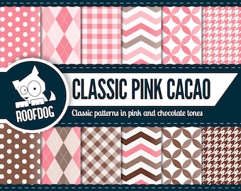 Pink and chocolate digital paper | pink argyle | brown houndstooth | polka dot | circular | chevron | classic patterns | brown argyle retro