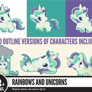 May include: A set of cartoon unicorn illustrations in different poses, using white, teal, purple, and silver. The image includes the text "BOLD OUTLINE VERSIONS OF CHARACTERS INCLUDED" and "RAINBOWS AND UNICORNS". This is a clip art image.