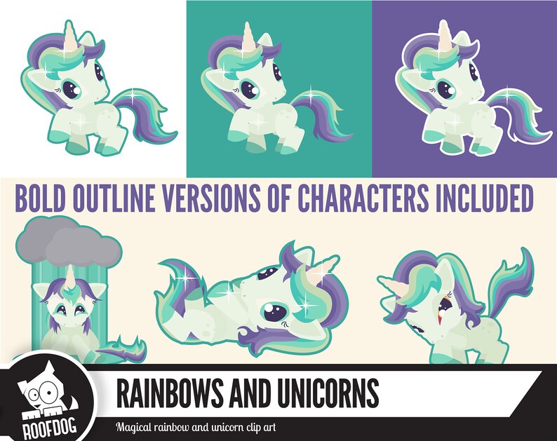 May include: A set of cartoon unicorn illustrations in different poses, using white, teal, purple, and silver. The image includes the text "BOLD OUTLINE VERSIONS OF CHARACTERS INCLUDED" and "RAINBOWS AND UNICORNS". This is a clip art image.