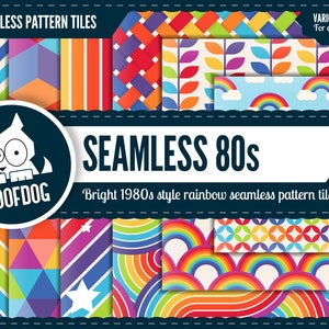 May include: A set of 12 colourful seamless pattern tiles in a retro 1980s style. The tiles feature various geometric shapes, rainbows, stars, and other designs. The text "SEAMLESS 80s" is displayed in a white box with a black border. The text "Bright 1980s style rainbow seamless pattern tiles" is displayed below the white box.
