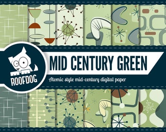 Mid century wallpaper | Green digital paper | mid century modern atomic starburst boomerang | 1950s 1960s | Atomic age digital paper pack