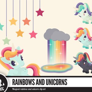 May include: A collection of cartoon unicorns with rainbow manes and tails, alongside a rainbow and hanging stars. The image features the text "RAINBOWS AND UNICORNS" and "Magical rainbow and unicorn clip art". The unicorns are in various poses.