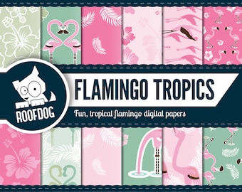 Pink flamingo digital paper | Tropical paradise flamingos | digital paper pack instant download | summer tropical pink flamingos backgrounds