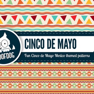 May include: A colorful Cinco de Mayo themed design with various patterns. The design includes the text "CINCO DE MAYO" and "Fun Cinco de Mayo Mexico themed patterns". A cartoon dog logo is also present.