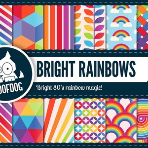May include: A selection of vibrant, patterned designs with a rainbow theme. The designs feature stripes, geometric shapes, and rainbows. The text "BRIGHT RAINBOWS" is displayed with the tagline "Bright 80's rainbow magic!"