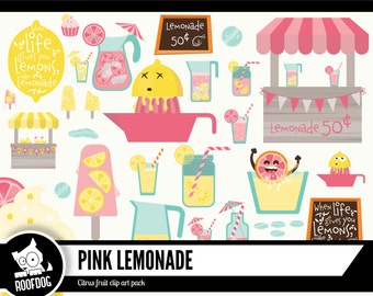 pink lemonade summer clipart |  Lemonade stand digital clip art | pink lemon yellow | commercial use | printable instant download vector