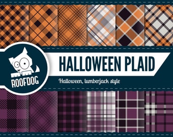 Halloween plaid digital paper | spooky lumberjack patterns | buffalo plaid | purple plaid | purple tartan | orange plaid | orange tartan