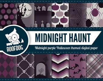 Halloween digital paper | spooky digital paper | purple halloween graveyard digital paper pack instant download | haunted tower spider bones