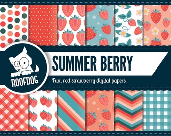 Rojo fresa papel digital | fresa de baya de verano | papel digital pack instantánea descargar | Fondo de fruta de verano digital papel rosa