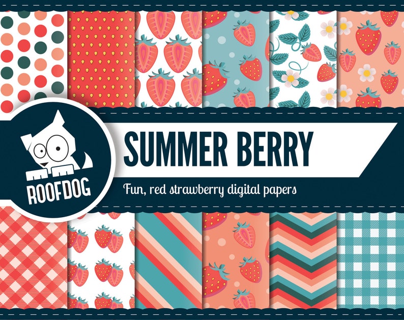 Red strawberry digital paper summer berry strawberry digital paper pack instant download summer digital paper fruit background pink image 1