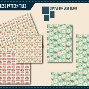 May include: Seamless pattern tiles with floral designs. The tiles feature repeating patterns of flowers in various colors, including pink, red, and yellow, set against a cream and teal background. The text "SEAMLESS PATTERN TILES" and "SHAPED FOR EASY TILING" are visible.