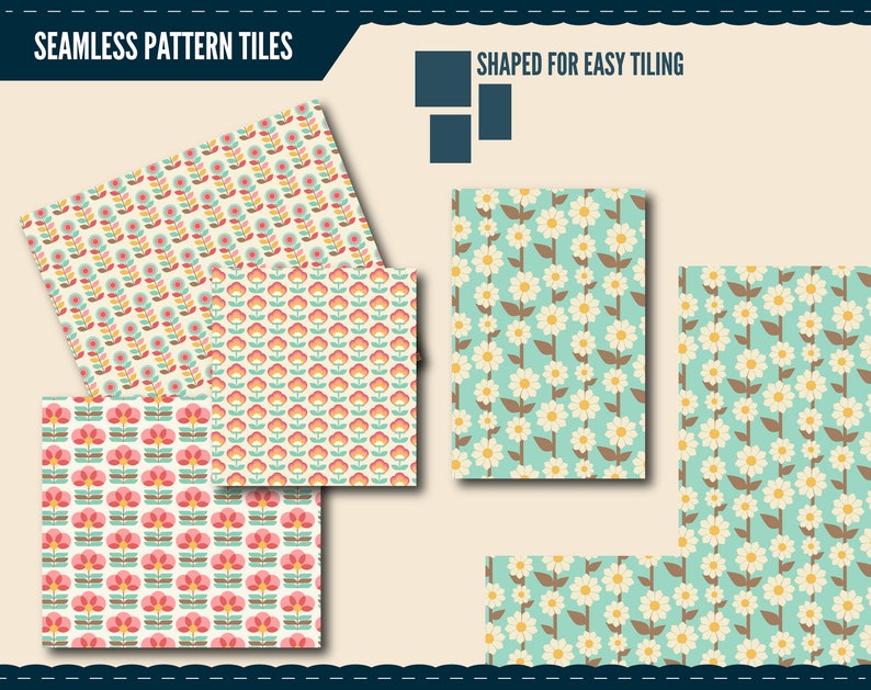 May include: Seamless pattern tiles with floral designs. The tiles feature repeating patterns of flowers in various colors, including pink, red, and yellow, set against a cream and teal background. The text "SEAMLESS PATTERN TILES" and "SHAPED FOR EASY TILING" are visible.