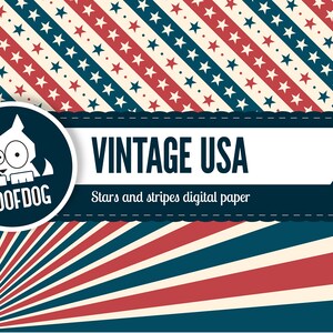 Puede incluir: Paquete de papel digital con un tema vintage de EE. UU. El dise&ntilde;o presenta patrones de estrellas y rayas rojas, blancas y azules, junto con una explosi&oacute;n de rayos rojos y azules. Se muestra el texto "VINTAGE USA" y "Stars and stripes digital paper".