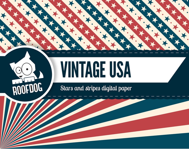 Puede incluir: Paquete de papel digital con un tema vintage de EE. UU. El dise&ntilde;o presenta patrones de estrellas y rayas rojas, blancas y azules, junto con una explosi&oacute;n de rayos rojos y azules. Se muestra el texto "VINTAGE USA" y "Stars and stripes digital paper".