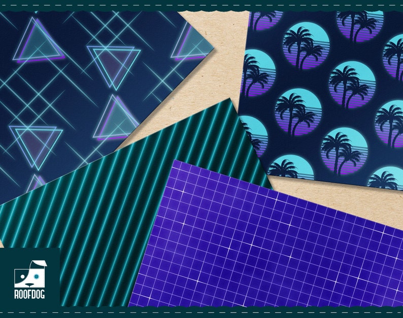 Pu&ograve; includere: Una collezione di carte decorate a tema retr&ograve;. I disegni includono triangoli al neon, palme in cerchi, strisce diagonali e un motivo a griglia. La tavolozza dei colori presenta sfumature di blu, viola e verde acqua, evocando l'estetica degli anni '80.