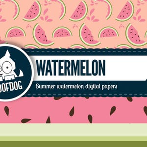 Pode incluir: Pacote de papel digital com um padr&atilde;o repetitivo de fatias e cascas de melancia sobre um fundo de p&ecirc;ssego. O design inclui a palavra "WATERMELON" e o texto "Summer watermelon digital papers". H&aacute; tamb&eacute;m um logotipo de um c&atilde;o.