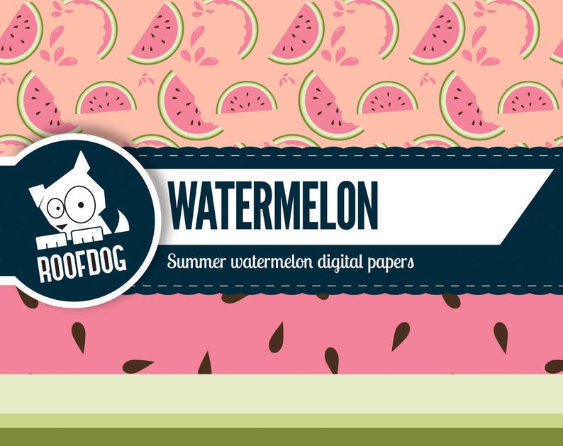 Pode incluir: Pacote de papel digital com um padr&atilde;o repetitivo de fatias e cascas de melancia sobre um fundo de p&ecirc;ssego. O design inclui a palavra "WATERMELON" e o texto "Summer watermelon digital papers". H&aacute; tamb&eacute;m um logotipo de um c&atilde;o.