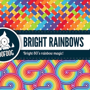 May include: A colourful graphic design with the text "BRIGHT RAINBOWS" and a cartoon dog logo. The design incorporates woven and swirling rainbow patterns, reminiscent of the 1980s.