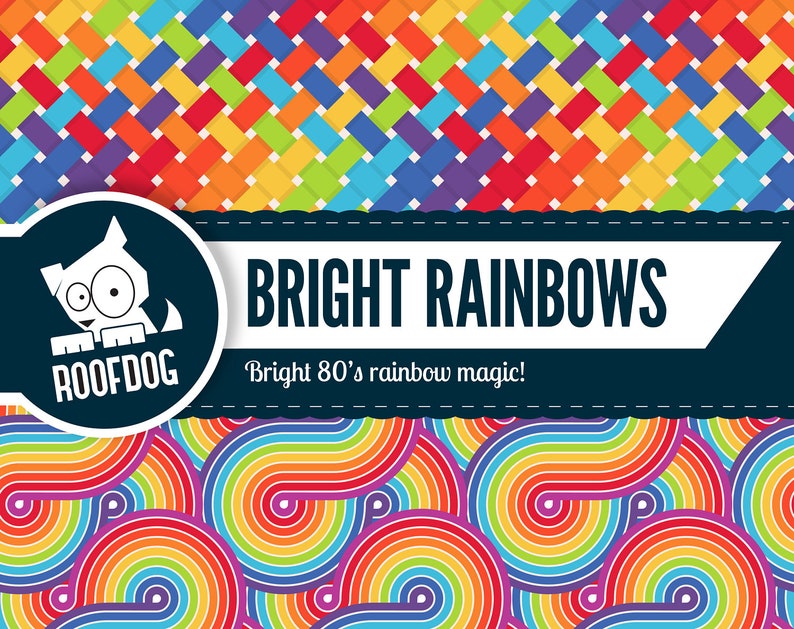 May include: A colourful graphic design with the text "BRIGHT RAINBOWS" and a cartoon dog logo. The design incorporates woven and swirling rainbow patterns, reminiscent of the 1980s.