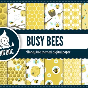 Puede incluir: Colecci&oacute;n de papeles digitales con tem&aacute;tica de abejas. Los dise&ntilde;os incluyen patrones de panal, abejas, tarros de miel y elementos florales en amarillo, blanco y negro. El texto "BUSY BEES" se muestra sobre un fondo azul.