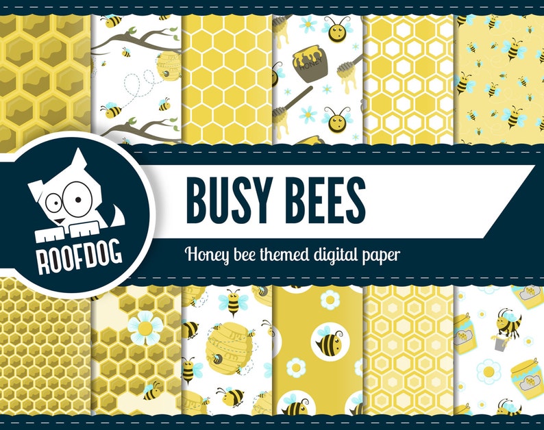 Puede incluir: Colecci&oacute;n de papeles digitales con tem&aacute;tica de abejas. Los dise&ntilde;os incluyen patrones de panal, abejas, tarros de miel y elementos florales en amarillo, blanco y negro. El texto "BUSY BEES" se muestra sobre un fondo azul.