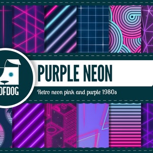 1980s digital paper Purple neon digital paper 1980s retrowave pattern purple neon neon triangle retro wave sun palm tree stripes image 1