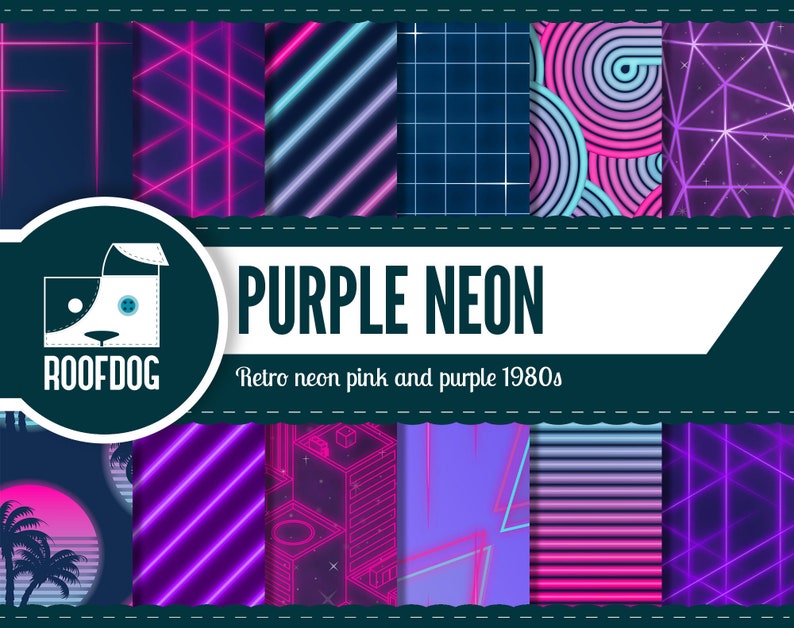 1980s digital paper Purple neon digital paper 1980s retrowave pattern purple neon neon triangle retro wave sun palm tree stripes image 1