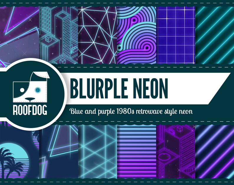 Pu&ograve; includere: Una collezione di design neon in stile retrowave anni '80 blu e viola. I design includono forme geometriche, paesaggi urbani e motivi. Il testo "BLURPLE NEON" &egrave; visualizzato con lo slogan "Neon blu e viola in stile anni '80". &Egrave; presente anche il logo di un cane.