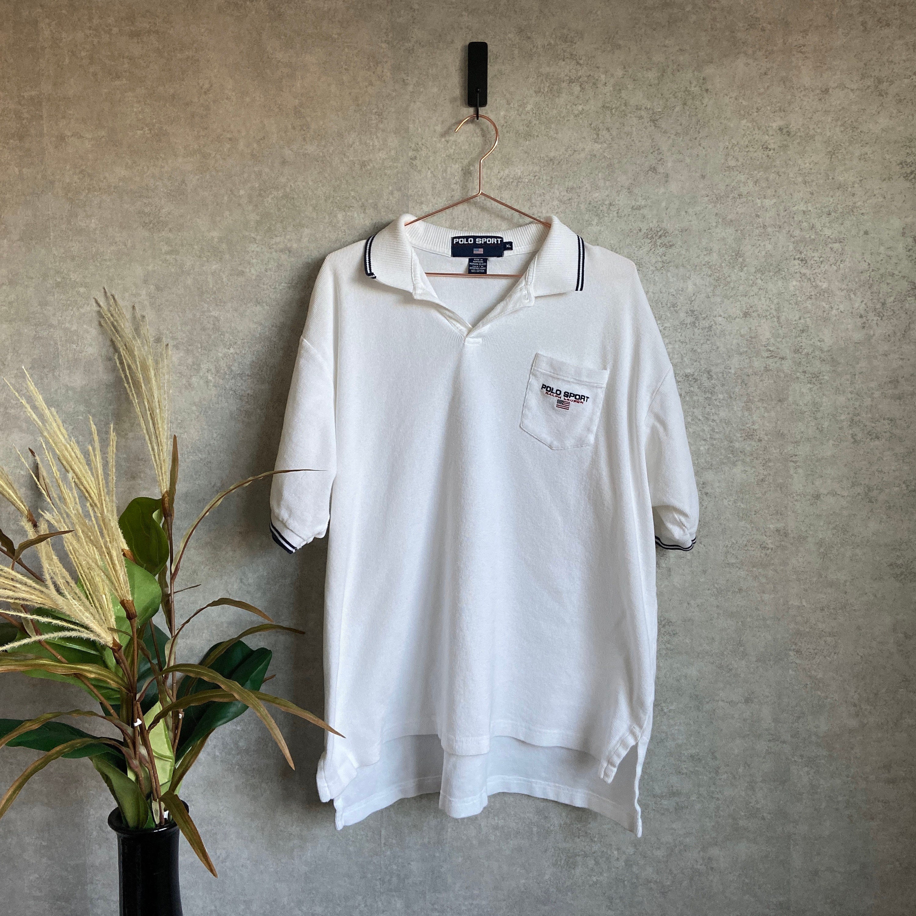 Vintage Polo Sport Embroidered Front Pocket White Polo Shirt