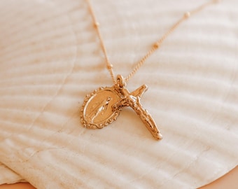 Intricate Miraculous Medal and Crucifix Necklace