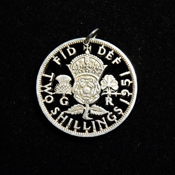 1951 two shilling brittish cut coin pendant