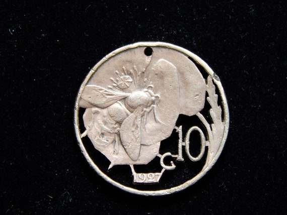 Italy 1927 c 10 bee cut coin pendant