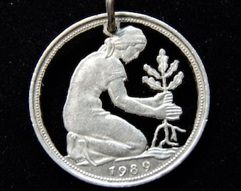 alemán 50 centavos corte moneda colgante & collar de arranque de 18 pulgadas