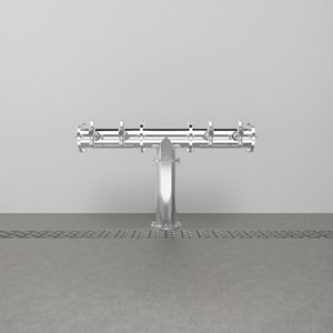 May include: A stainless steel beer tap with six spouts mounted on a wall.