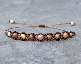 Handmade Petrified Wood Bracelet – Grounding Gemstone, Mens & Womens Beaded Jewelry, Healing Crystal Gift, Boho Macrame Bracelet