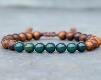 Bloodstone & Rosewood Bracelet – Handcrafted Gemstone Jewellery, Grounding, Protection Energy Healing, Boho Gift for Men